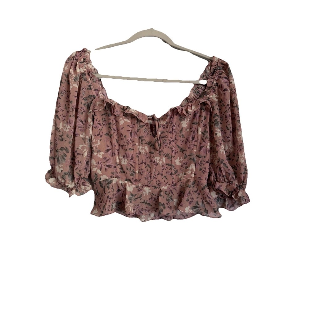Women's Floral Off-Shoulder Puff Sleeve Ruffle Blouse Pink Sz M Cropped
